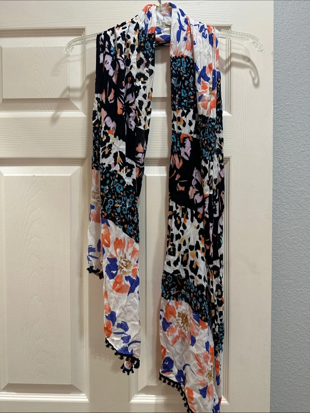 Cabi Lightweight Floral & Leopard Print Scarf - Black, White, Coral & Blue